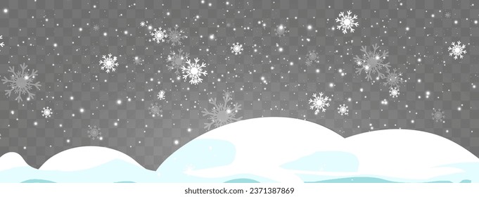 Vector illustration of flying snow on a transparent background.Natural phenomenon of snowfall or blizzard.	
