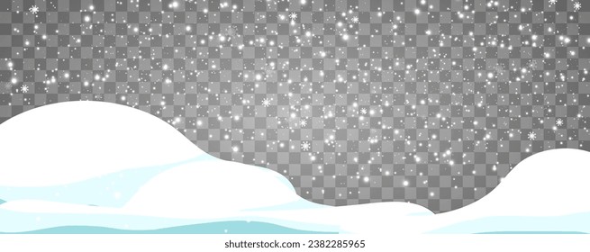 Vector illustration of flying snow on a transparent background.Natural phenomenon of snowfall or blizzard.