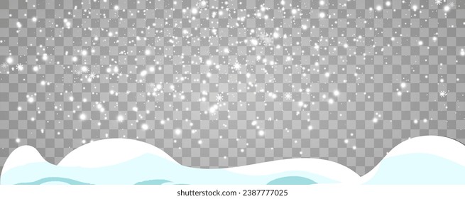 Vector illustration of flying snow on a transparent background.Natural phenomenon of snowfall or blizzard.

