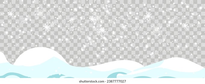 Vector illustration of flying snow on a transparent background.Natural phenomenon of snowfall or blizzard.
