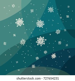 Vector illustration of flying snowflakes with different smiling faces on a blue background