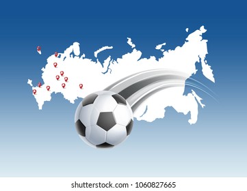 Vector illustration with flying soccer Ball and Contours of state boundaries of Russia on blue background. 