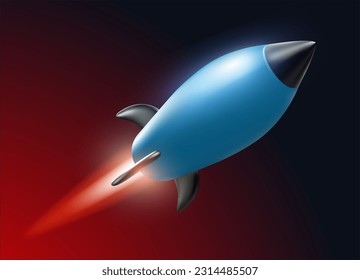 Ilustración vectorial de la nave espacial voladora sobre fondo de color rojo y negro con llama. 3d diseño estilo cohete de inicio de negocios para web, sitio, banner, afiche, impresión