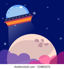 Vector illustration with flying spaceship in the space. Flat style illustration. Vector flat space elements with spaceship and planets. Vector illustration 
