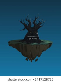 Vector illustration of flying spooky face tree