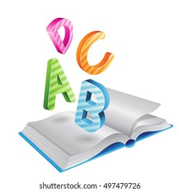 Vector Illustration of Flying Striped Letters and Open Book isolated on a White Background