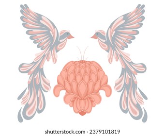 Vector illustration flying stylized birds and peony in pastel colors on white background.  Card with fantasy birds and pink flower for banner, sublimation and your creativity