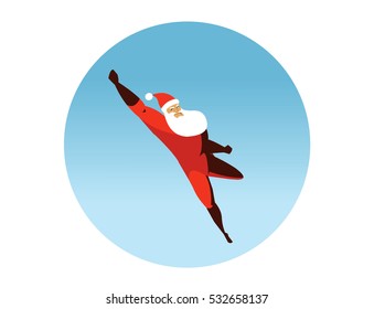 Vector illustration of flying Superhero Santa Claus action, business power icons, cartoon colored style, red costume, Christmas super energy. Slim Santa with white beard.
