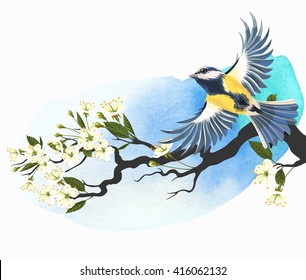 Vector illustration of flying tomtit on the blooming cherry branch on bright watercolor background