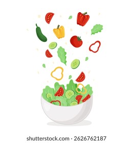 Vector illustration of flying vegetable salad ingredients