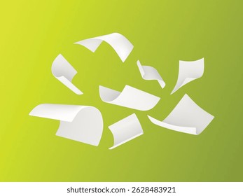 Ilustração vetorial de uma folha de papel encaracolado branco voador com torção e movimento perfeito para gráficos de apresentação estacionários, de escritório e criativos