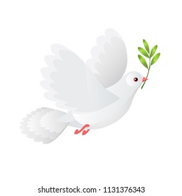 Vector illustration of flying white dove holding olive branch isolated on white background. Gradient 