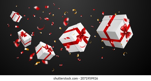 Ilustración vectorial con cajas de regalo blancas volantes con cintas y arcos rojos, y pequeños trozos borrosos de serpentinas sobre fondo negro