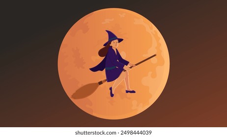 Vector Illustration of Flying Witch with Full Moon at Night. Cartoon Character of Cute Witch.