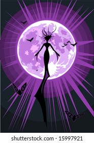 Vector illustration of a flying witch on full moon background