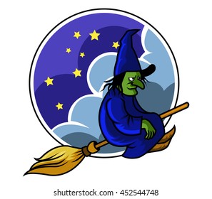 Vector illustration of flying witch on cloudy night