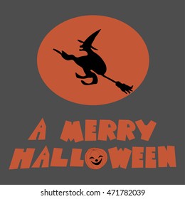 Vector illustration of a flying witch on a broomstick on the background of the moon with the inscription "a merry halloween"