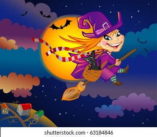 Vector illustration of a flying witch on Halloween eve