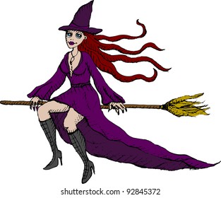 Vector illustration of flying witch on broom