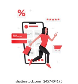 Vector of illustration flying woman bring shopping bag with ecommerce on the phone