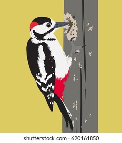 Vector illustration of flying woodpecker bird on a tree trunk.