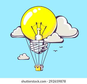 Vector illustration of flying yellow light bulb air balloon on blue background with clouds. Hand draw line art design for web, site, advertising, banner, poster, board and print.  