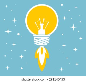 Vector illustration of flying yellow lightbulb on blue background with stars. Hand draw line art design for web, site, advertising, banner, poster, board and print.  