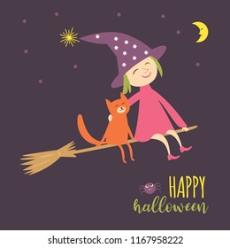 Vector illustration of flying young witch with cat on a broomstick
