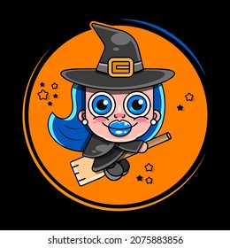 Vector illustration of flying young witch icon. Witch silhuette on a broomstick