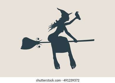Vector illustration of flying young witch icon. Witch and raven silhouettes on a broomstick. Halloween relative image