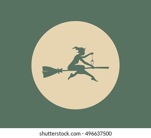 Vector illustration of flying young witch icon. Witch silhouette on a broomstick. Halloween relative image