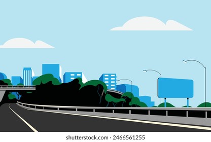 Ilustración vectorial de un paso elevado o puente en una carretera urbana. Paisaje urbano de la ciudad. con un cartel, ilustración plana moderna.