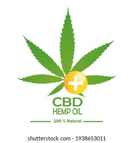 Vector illustration fo CBD (cannabidiol) or HEMP oil logo with cannabis drop, medical and herbal drug