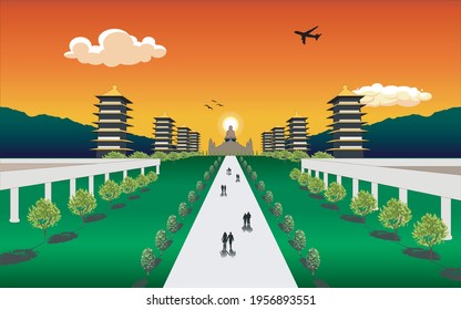 Vector illustration. Fo Guang Shan Buddha Museum with sunset, a major travel landmarks and attraction in Taiwan.	