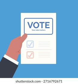 Una Ilustración vectorial centrada en votar con una mano sosteniendo una papeleta, destacando el compromiso cívico.
