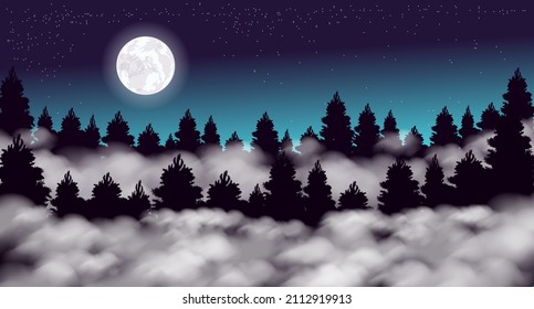 Vector illustration. Foggy forest. Starry sky. Moon.