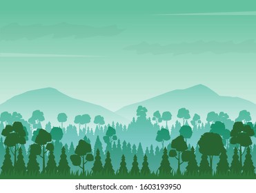 Vector illustration of foggy jungle and mountains. Jungle silhouette with green color. Jungle and mountain background 