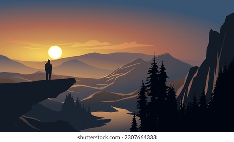 Vector illustration of foggy sunset over mountains with silhouette of a man on the hill