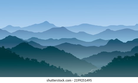 Vector Illustration, Foggy Tropical Mountains