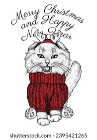 Ilustración vectorial de un gato esponjoso doblado en un suéter y orejas de ciervo en estilo de grabado