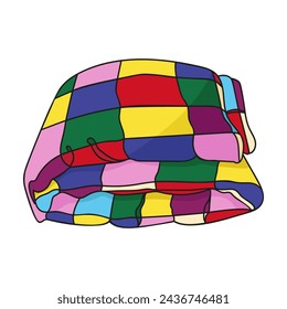 Ilustración vectorial de una manta doblada de color. Cuadros a cuadros de colores. Acogedor tema de invierno y otoño. Artículo para dormir. Imagen de una manta o alfombra caliente.