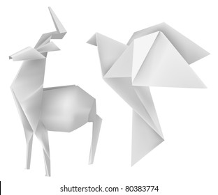 Vector illustration of folded paper models deer and dove.