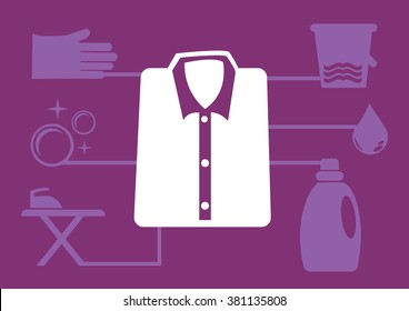 Vector illustration of folded shirt icon in the center and laundry icons on background. Layout template design for infographics.