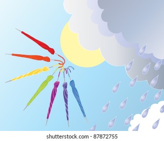 vector illustration of folded umbrellas on a background of sun and showers in eps 10 format
