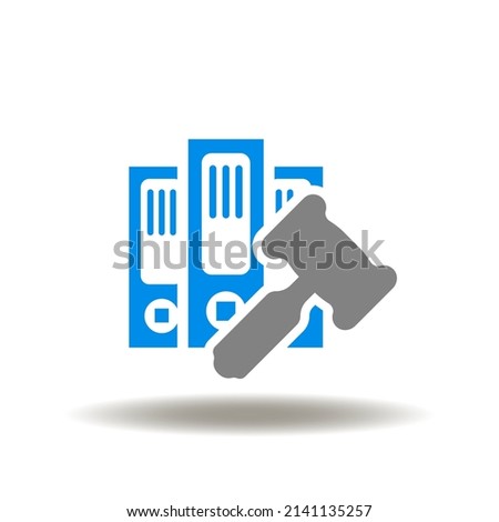 Vector illustration of folder binder with gavel. Icon of law sanctions. Symbol of legal regulations. Sign of sanction document.