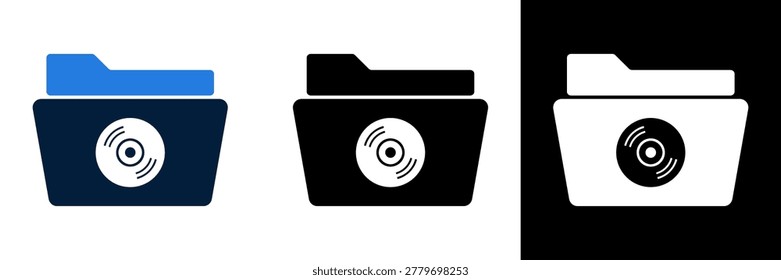A vector illustration of a folder containing a compact disc or digital versatile disc, symbolizing data storage, media files, and digital archives.