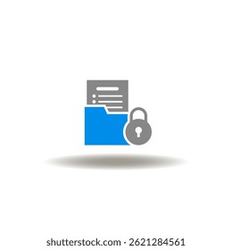 Ilustração vetorial de pasta ou diretório com lista de documentos e cadeado. Símbolo dos dados confidenciais.