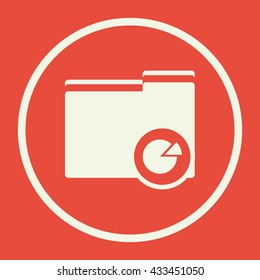 Vector illustration of folder pie graph sign icon on red background.
