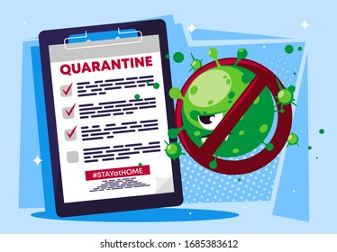 Vector illustration folder with text about quarantine, list of preventive measures against viral infection, cartoon character molecules viruses with a red warning sign