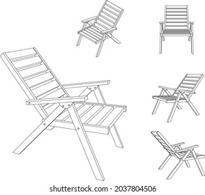 Vector illustration of folding chair with different views, outline drawing